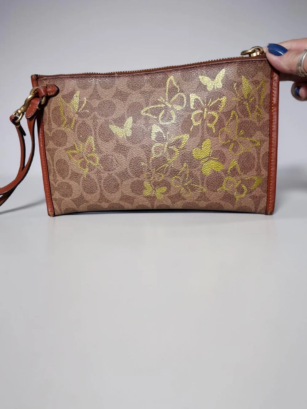 Coach Brown Leather Wristlet with Gold Butterfly Print Custom Paint